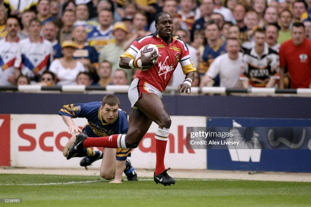 1 May 1999: Martin Offiah of the Broncos scores during the Challenge Cup Final between the Leeds Rhinos and the London Broncos, played at Wembley in London, England. Leeds won 52-16.  \ Mandatory Credit: Alex Livesey /Allsport
