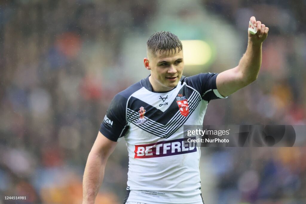 WIGAN, UK:   Jack Welsby of England gives a thumbs up during the 2021 Rugby League World Cup Quarter Final match between England and Papua New Guinea at the DW Stadium, Wigan, on Saturday 5th November 2022. (Photo by Pat Scaasi/MI News/NurPhoto via Getty Images)