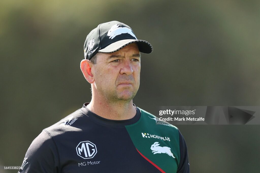 SYDNEY, AUSTRALIA - AUGUST 29:  Rabbitohs head coach Jason Demetriou looks on during a South Sydney Rabbitohs NRL Training Session at USANA Rabbitohs Centre on August 29, 2023 in Sydney, Australia. (Photo by Mark Metcalfe/Getty Images)