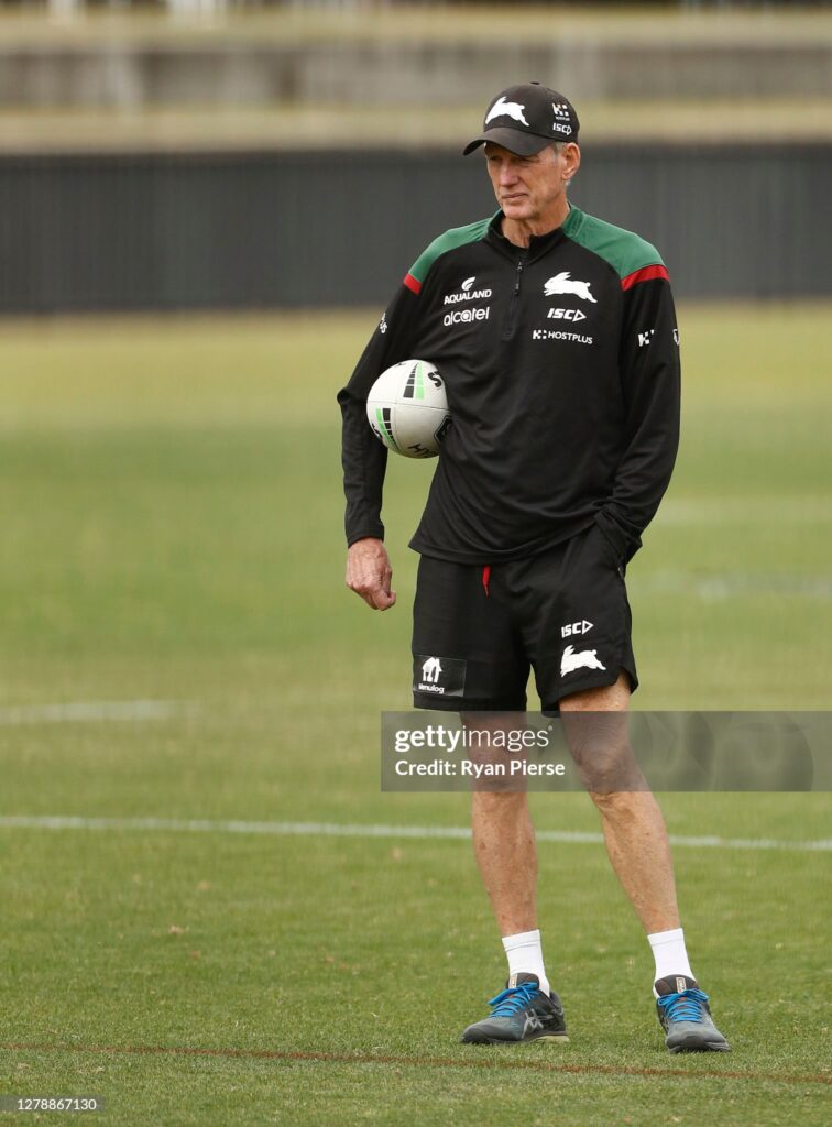 SYDNEY, AUSTRALIA - OCTOBER 07: Wayne Bennett, head coach of the Rabbitohs, looks on during a South Sydney Rabbitohs NRL training session at Redfern Oval on October 07, 2020 in Sydney, Australia. (Photo by Ryan Pierse/Getty Images)